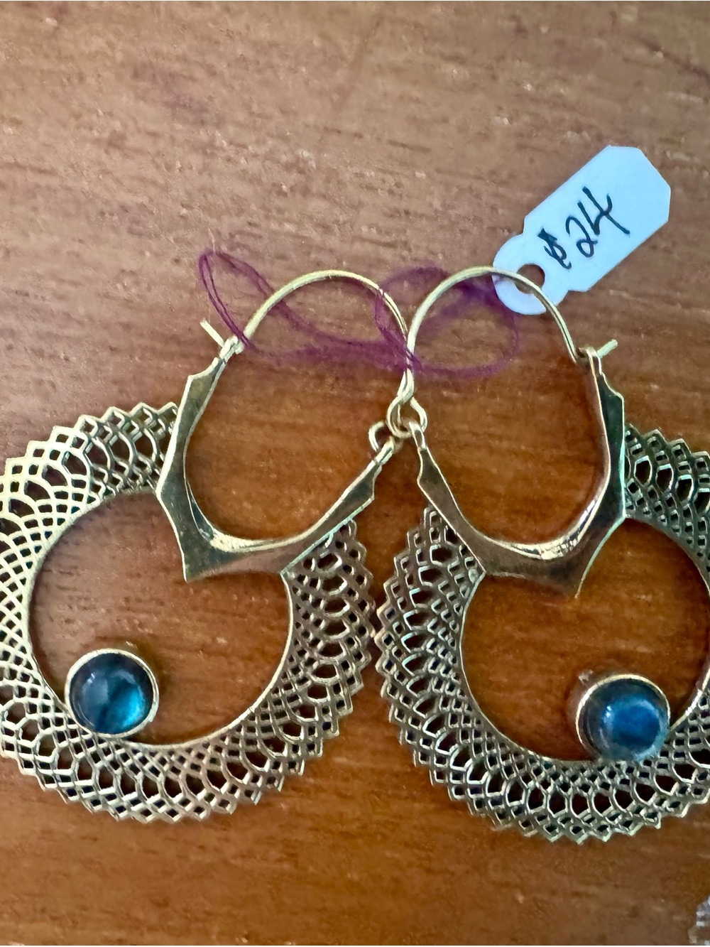 BOHO Gold Brass Hoop Earrings with Labradorite Stone - Women Jewelry